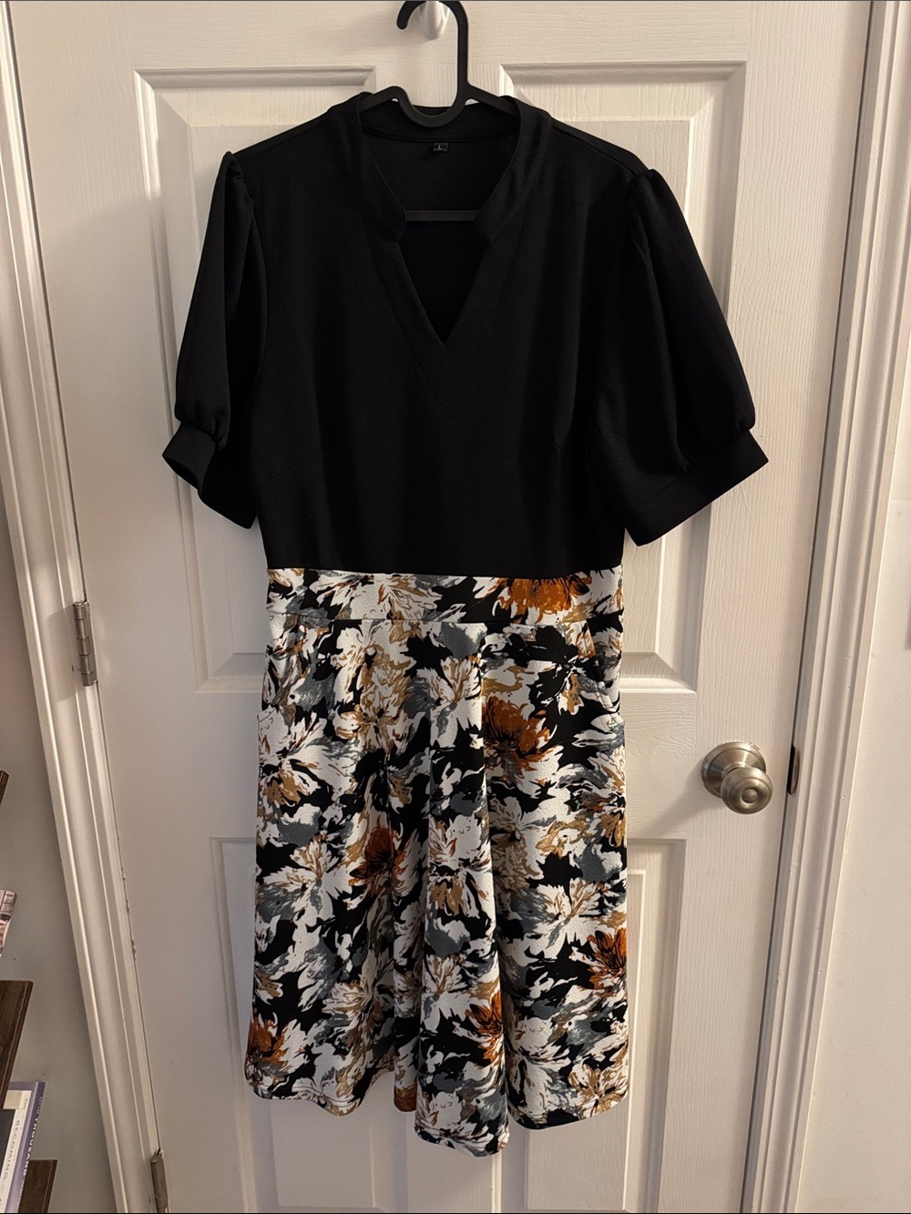 Black Floral Midi Dress with Puff Sleeves and pockets